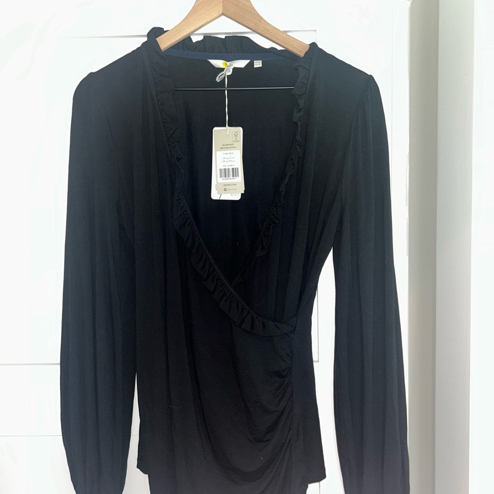 Boden Black Wrap Ruffled Long Sleeve Blouse